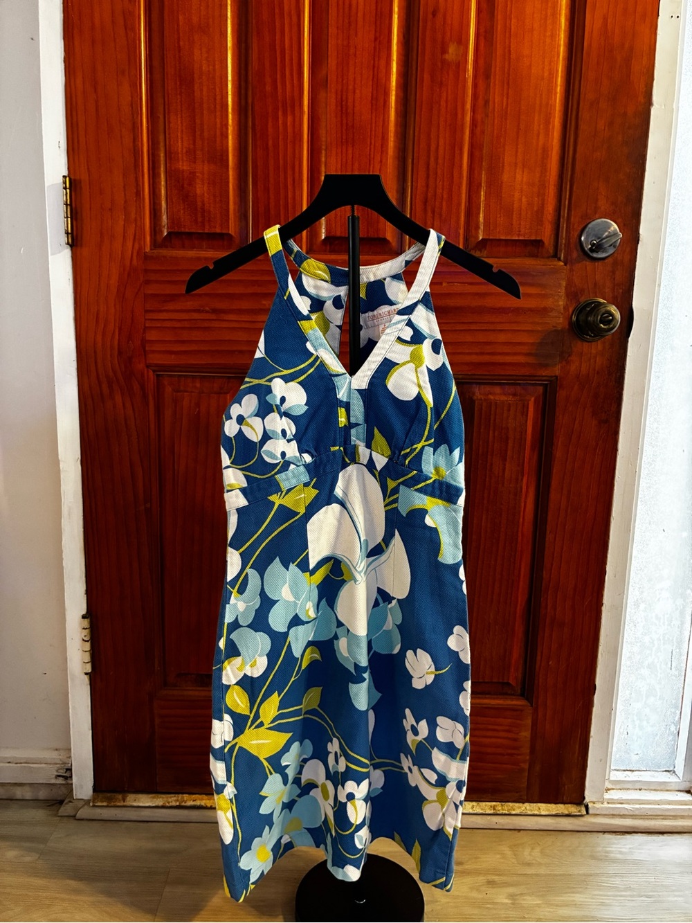 Tori Richard Navy Blue Floral Halter Midi Dress with White and Yellow Accents